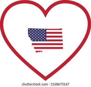Map of US federal state of Montana with the flag of the United States of America inside white heart shape with red stroke