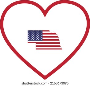Map of US federal state of Nebraska with the flag of the United States of America inside white heart shape with red stroke