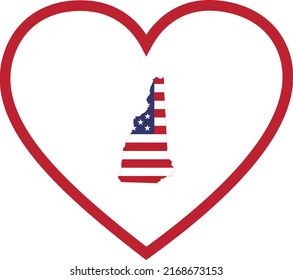 Map of US federal state of New Hampshire with the flag of the United States of America inside white heart shape with red stroke