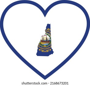 Map of US federal state of New Hampshire with state flag inside white heart shape with blue stroke
