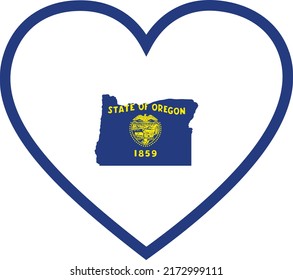 Map of US federal state of Oregon with state flag inside white heart shape with blue stroke