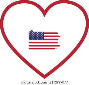 Map of US federal state of Pennsylvania with the flag of the United States of America inside white heart shape with red stroke