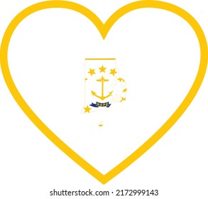 Map of US federal state of Rhode Island with state flag inside white heart shape with yellow stroke