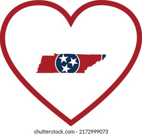 Map of US federal state of Tennessee with state flag inside white heart shape with red stroke