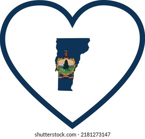 Map of US federal state of Vermont with state flag inside white heart shape