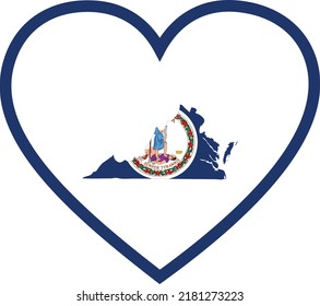 Map of US federal state of Virginia with state flag inside white heart shape