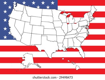Map of US with flag