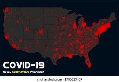 Map Of The US Infection With Coronavirus COVID-19. Infection Points On A Map Of America. Vector Image.