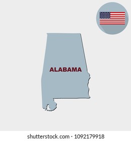 Map of the U.S. state of Alabama on a grey background. American flag, state name.