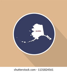 Map of the U.S. state of Alaska on a blue background. State name.