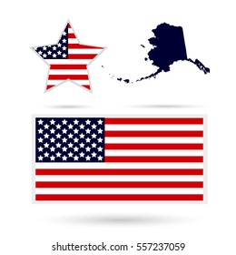 Map of the U.S. state of Alaska on a white background. American flag