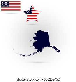 Map of the U.S. state of Alaska on a white background. American flag.