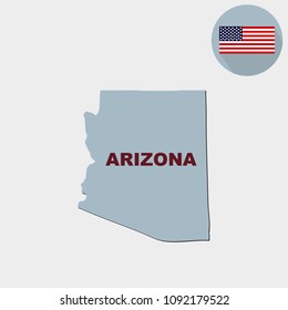Map of the U.S. state of Arizona on a grey background. American flag, state name.
