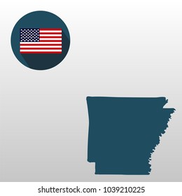 Map of the U.S. state of Arkansas on a white background. American flag.