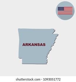 Map of the U.S. state of Arkansas on a grey background. American flag, state name.