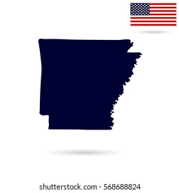 Map of the U.S. state  Arkansas on a white background. American flag.