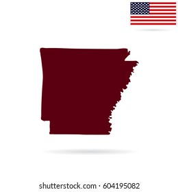 Map of the U.S. state of Arkansas on a white background. American flag.