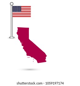 Map of the U.S. state of California on a white background. American flag