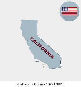 Map of the U.S. state of California on a grey background. American flag, state name.