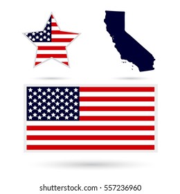 Map of the U.S. state of California on a white background. American flag, star.