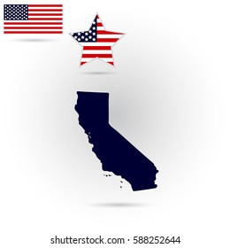 Map of the U.S. state of California on a white background. American flag, star
