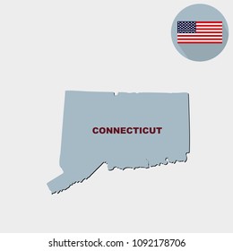 Map of the U.S. state of Connecticut on a grey background. American flag, state name.