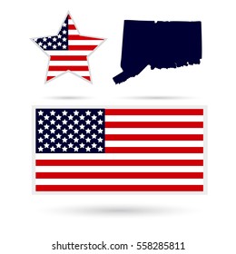 Map of the U.S. state of Connecticut on a white background. American flag, star.