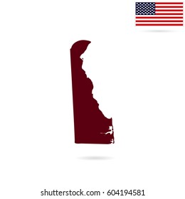 Map of the U.S. state of Delaware on a white background. American flag.
