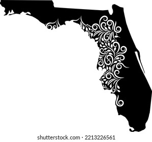 Map US state Florida silhouette Vector illustration with flowers ornaments