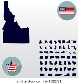Map of the U.S. state of Idaho on a white background. American flag, star