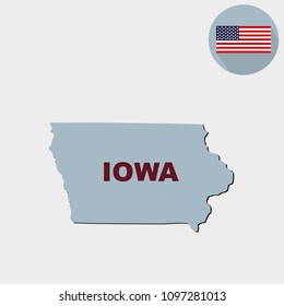 Map of the U.S. state of Iowa on a grey background. American flag, state name