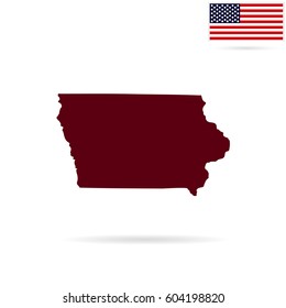 Map of the U.S. state of Iowa on a white background. American flag.
