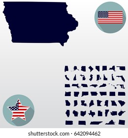 Map of the U.S. state of Iowa on a white background. American flag, star.