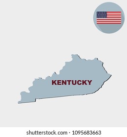 Map of the U.S. state of Kentucky on a grey background. American flag, state name