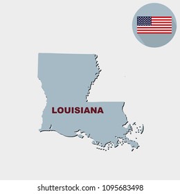 Map of the U.S. state of Louisiana on a grey background. American flag, state name