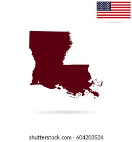 Map of the U.S. state of Louisiana on a white background. American flag.
