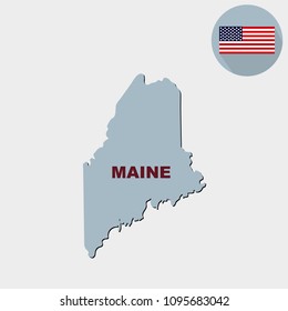 Map of the U.S. state of Maine on a grey background. American flag, state name