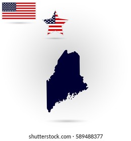 Map of the U.S. state of Maine on a gray background. American flag, star
