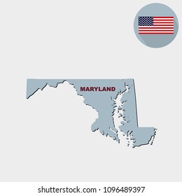 Map of the U.S. state of Maryland on a grey background. American flag, state name