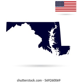 Map of the U.S. state  Maryland on a white background. American flag.