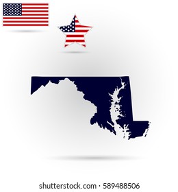 Map of the U.S. state of Maryland on a gray background. American flag, star.