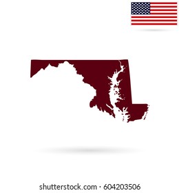 Map of the U.S. state of Maryland on a white background. American flag.
