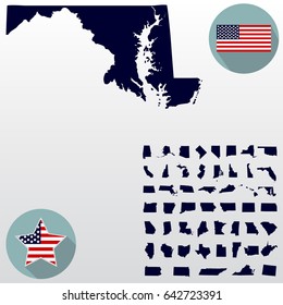 Map of the U.S. state of Maryland on a white background. American flag, star