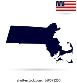 Map of the U.S. state  Massachusetts on a white background. American flag.