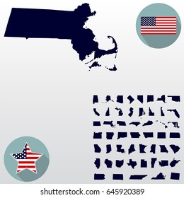 Map of the U.S. state of Massachusetts on a white background. American flag, star