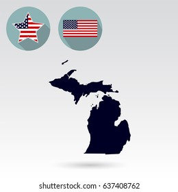 Map of the U.S. state of Michigan on a white background. American flag, star.