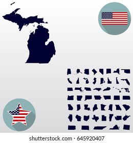 Map of the U.S. state of Michigan on a white background. American flag, star.