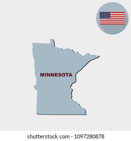 Map of the U.S. state of Minnesota on a grey background. American flag, state name