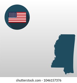 Map of the U.S. state of Mississippi on a white background. American flag