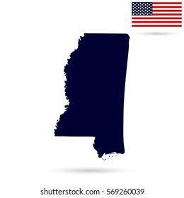 Map of the U.S. state Mississippi on a white background. American flag.